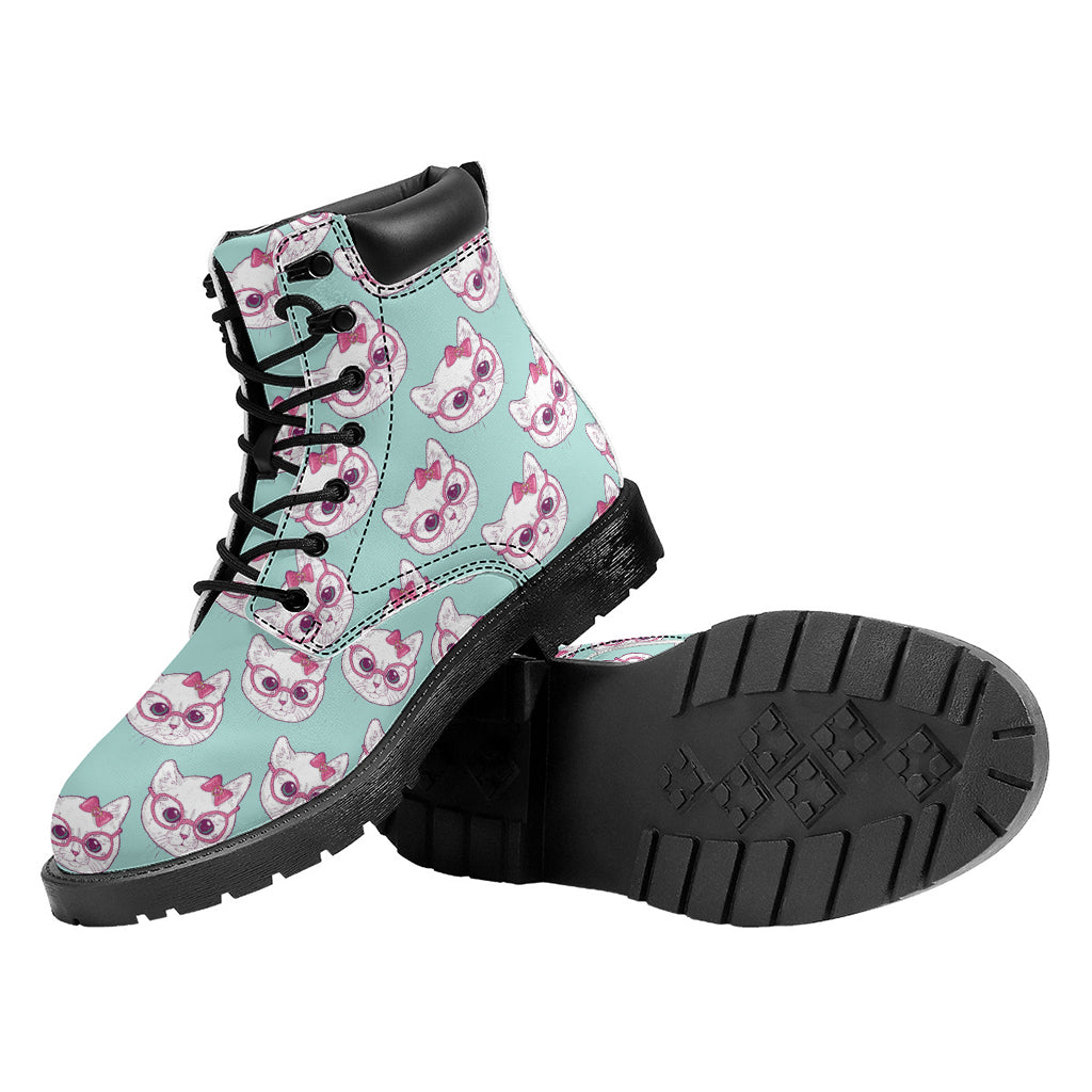 Girly Cat With Glasses Pattern Print Work Boots