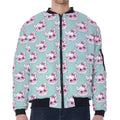 Girly Cat With Glasses Pattern Print Zip Sleeve Bomber Jacket