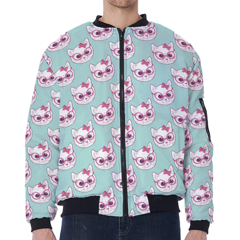 Girly Cat With Glasses Pattern Print Zip Sleeve Bomber Jacket