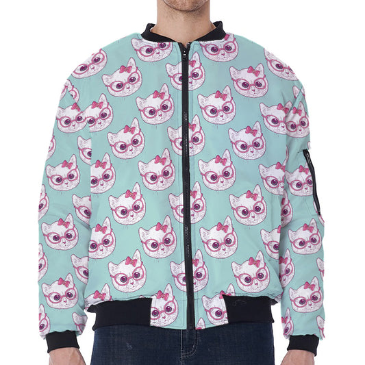 Girly Cat With Glasses Pattern Print Zip Sleeve Bomber Jacket