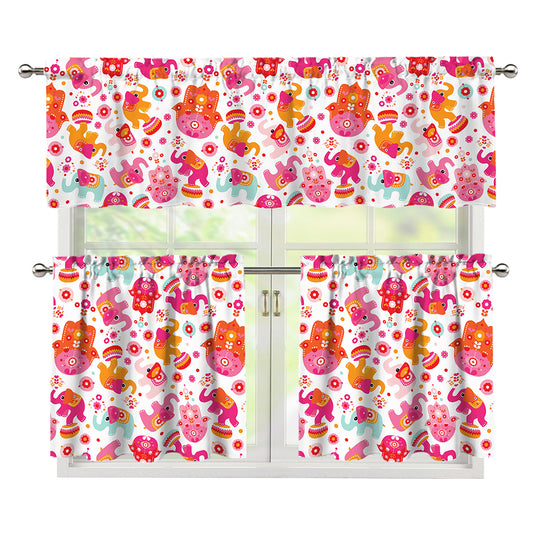 Girly Elephant And Hamsa Pattern Print 3 Piece Kitchen Curtains