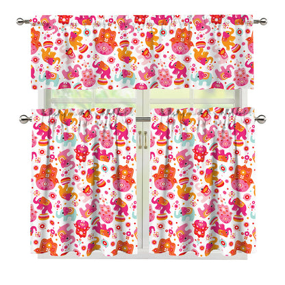 Girly Elephant And Hamsa Pattern Print 3 Piece Kitchen Curtains