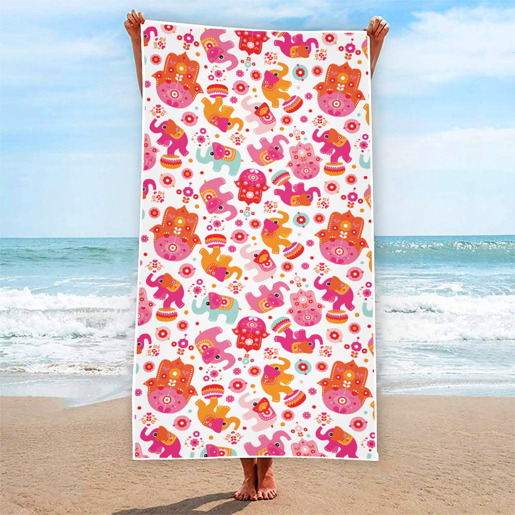 Girly Elephant And Hamsa Pattern Print Beach Towel