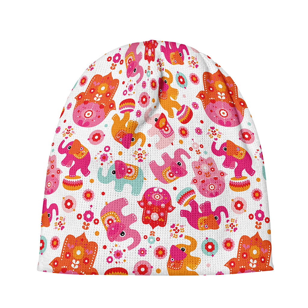 Girly Elephant And Hamsa Pattern Print Beanie