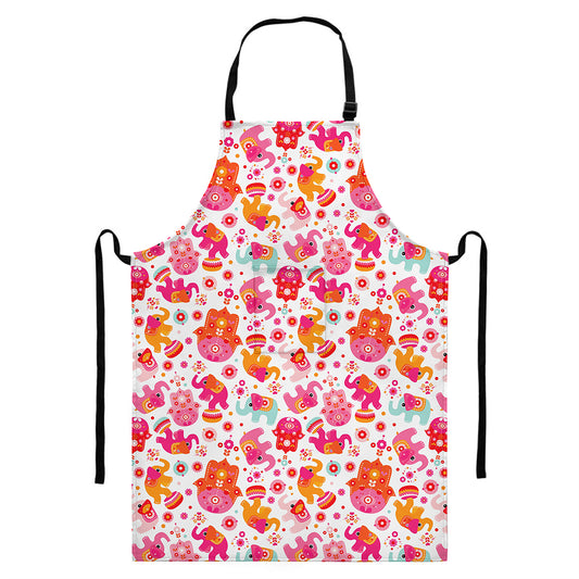 Girly Elephant And Hamsa Pattern Print Bib Apron With Pocket