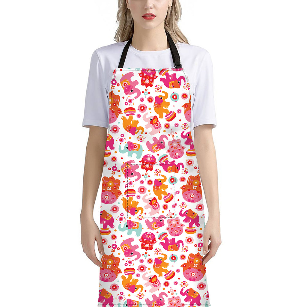 Girly Elephant And Hamsa Pattern Print Bib Apron With Pocket