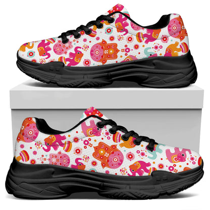 Girly Elephant And Hamsa Pattern Print Black Chunky Shoes