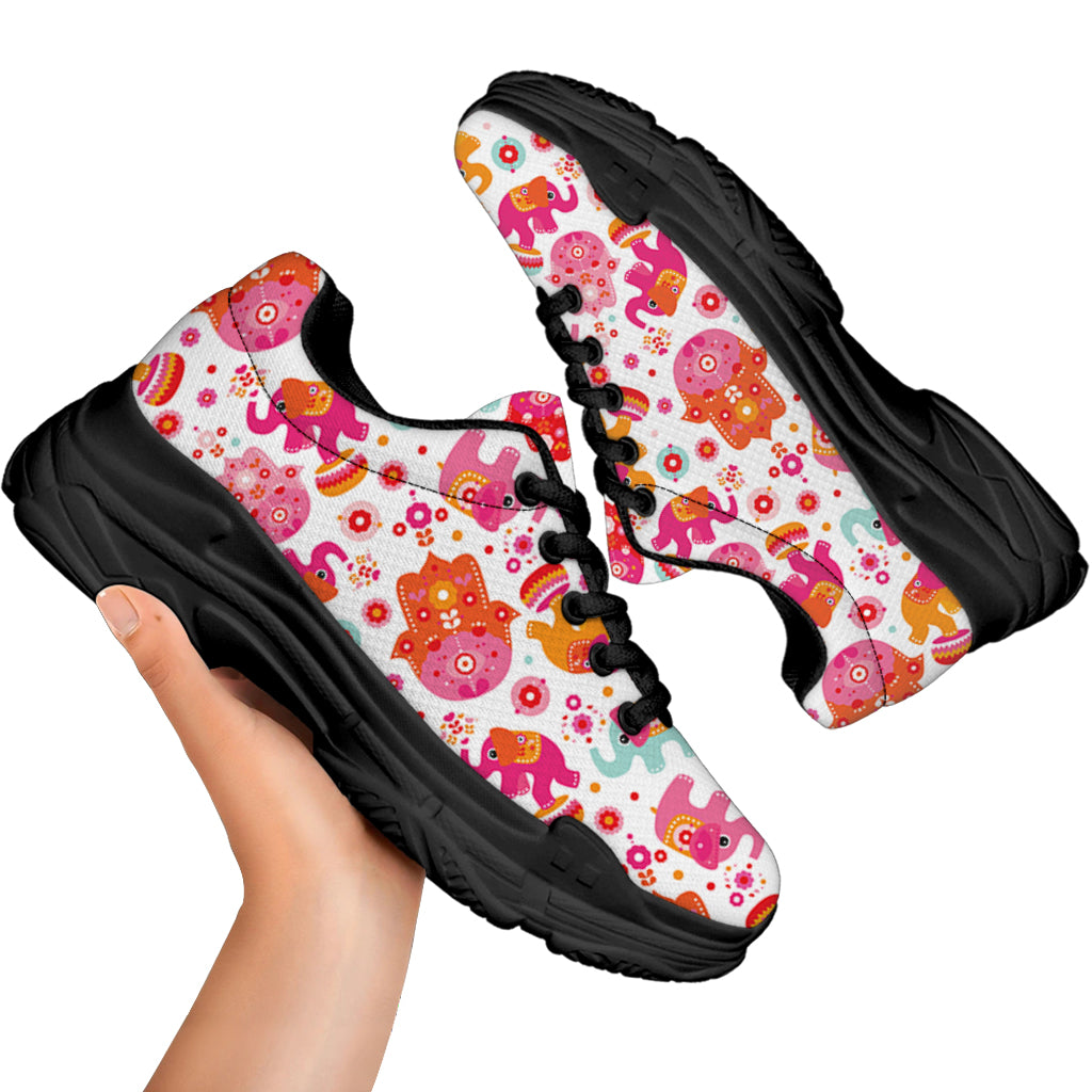 Girly Elephant And Hamsa Pattern Print Black Chunky Shoes