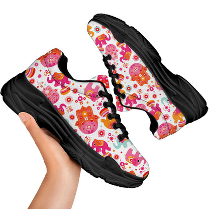 Girly Elephant And Hamsa Pattern Print Black Chunky Shoes