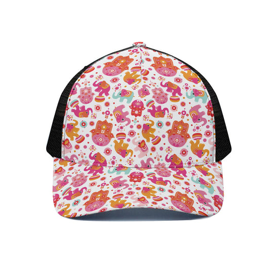 Girly Elephant And Hamsa Pattern Print Black Mesh Trucker Cap