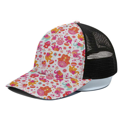 Girly Elephant And Hamsa Pattern Print Black Mesh Trucker Cap