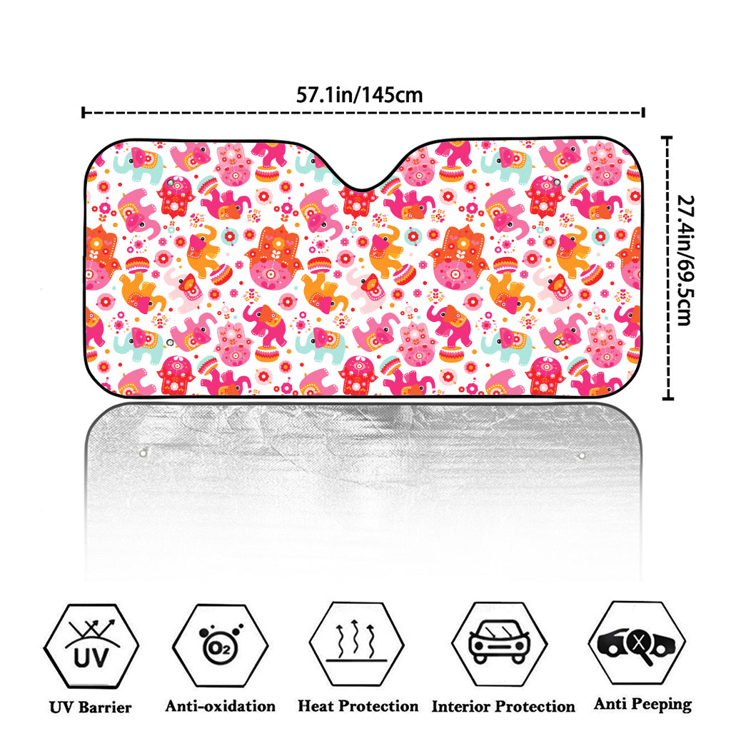 Girly Elephant And Hamsa Pattern Print Car Windshield Sun Shade