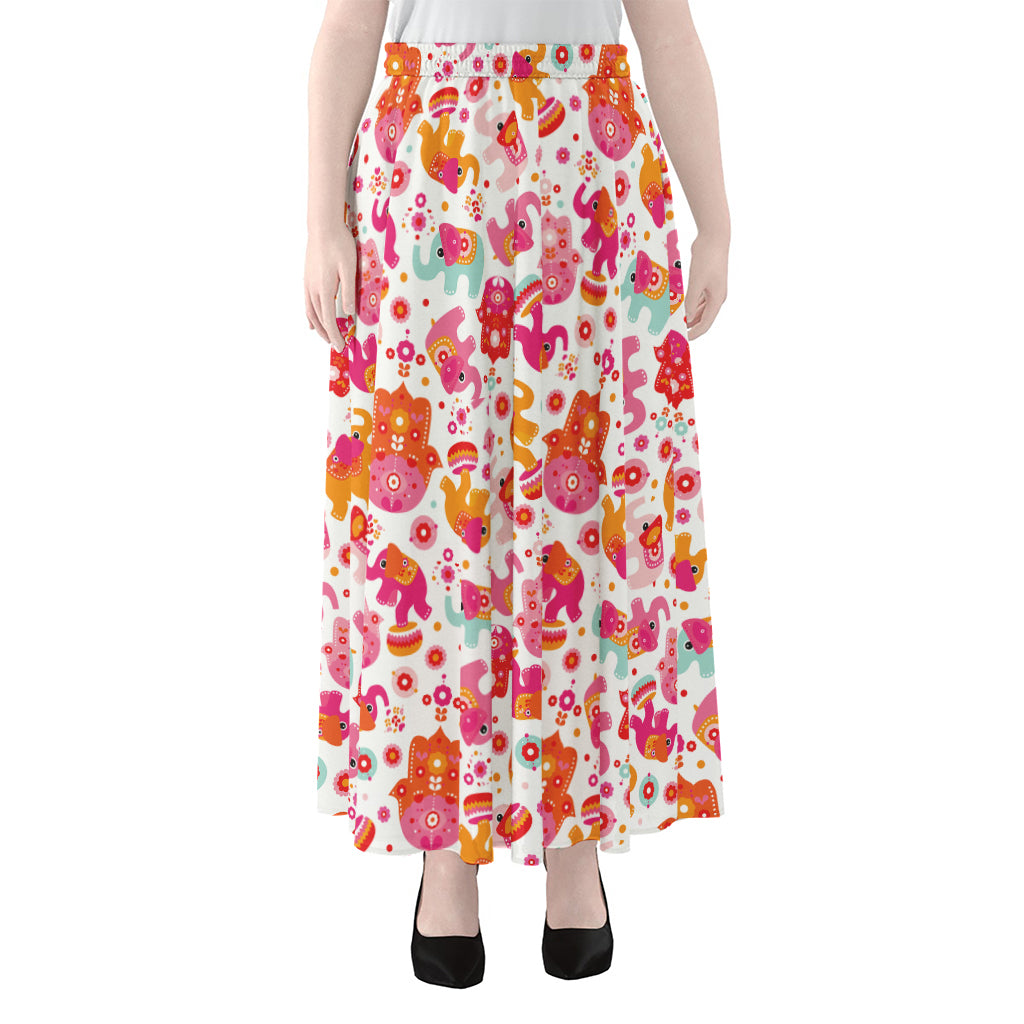 Girly Elephant And Hamsa Pattern Print Chiffon Maxi Skirt