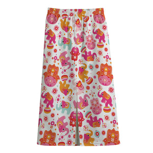 Girly Elephant And Hamsa Pattern Print Cotton Front Slit Maxi Skirt