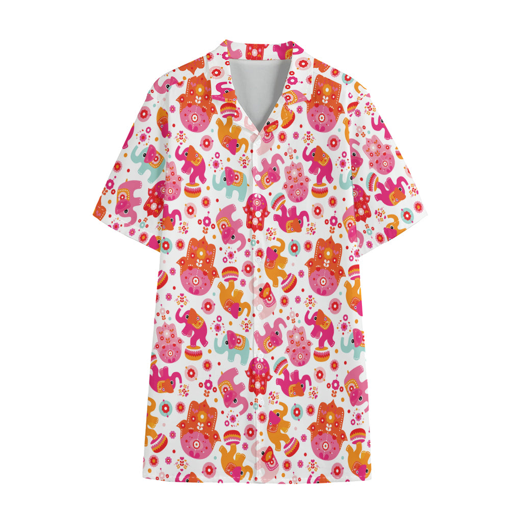 Girly Elephant And Hamsa Pattern Print Cotton Hawaiian Shirt