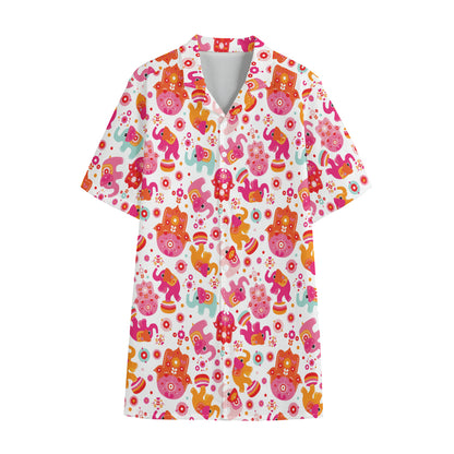 Girly Elephant And Hamsa Pattern Print Cotton Hawaiian Shirt