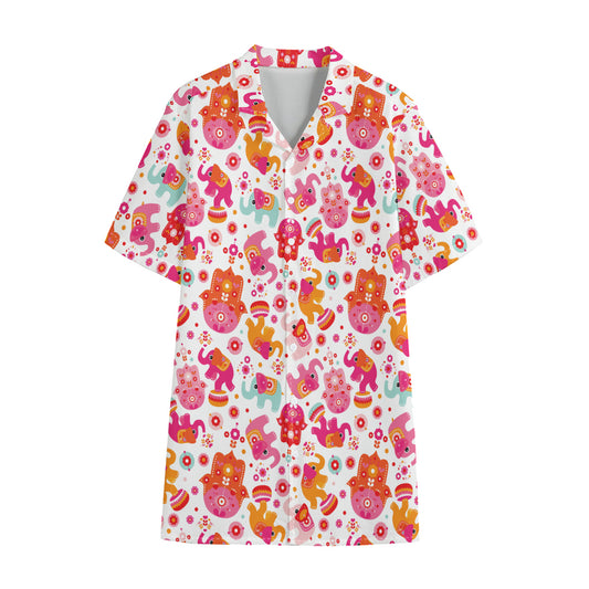 Girly Elephant And Hamsa Pattern Print Cotton Hawaiian Shirt