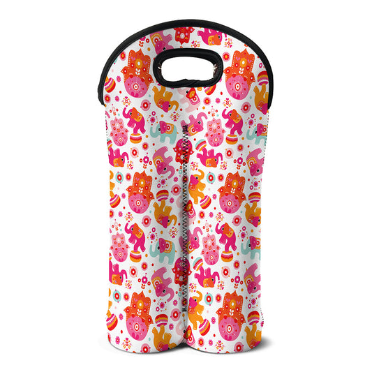 Girly Elephant And Hamsa Pattern Print Double Neoprene Wine Tote