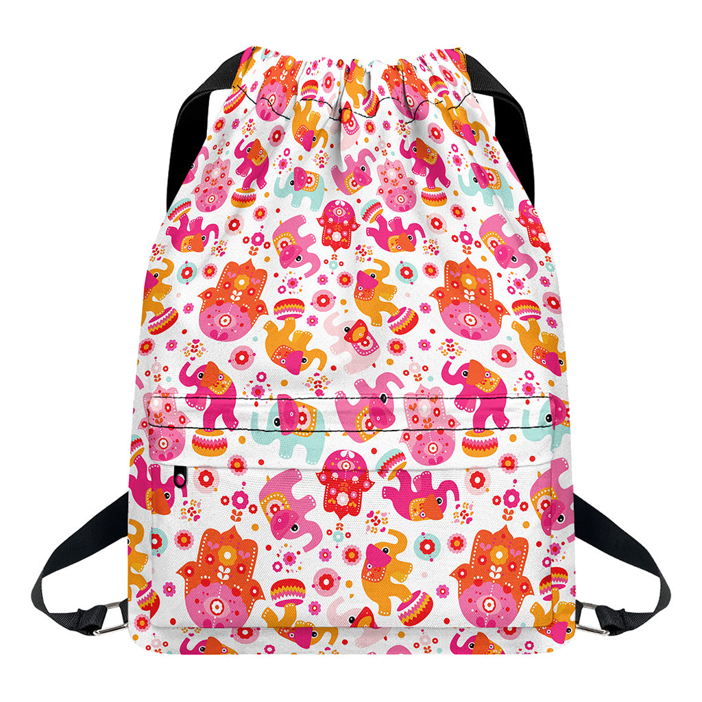 Girly Elephant And Hamsa Pattern Print Drawstring Backpack
