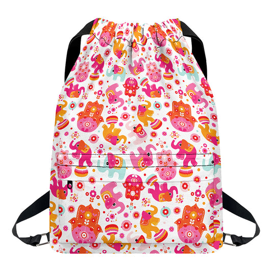 Girly Elephant And Hamsa Pattern Print Drawstring Backpack