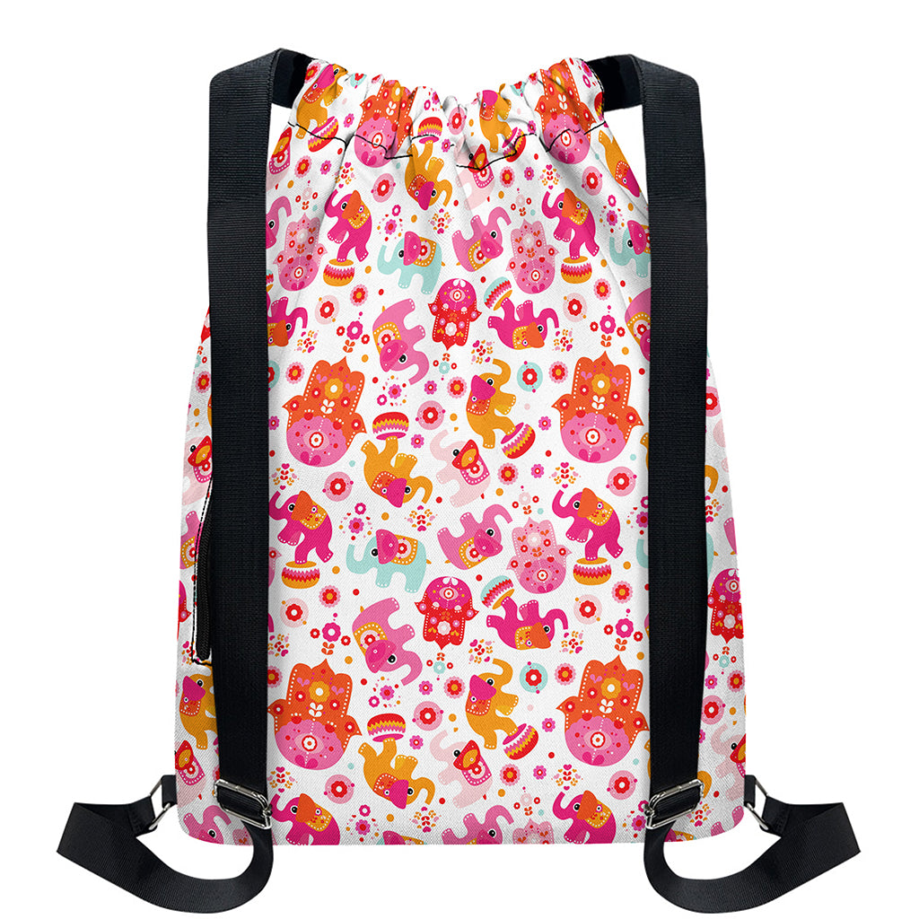 Girly Elephant And Hamsa Pattern Print Drawstring Backpack