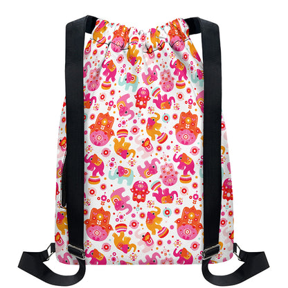 Girly Elephant And Hamsa Pattern Print Drawstring Backpack
