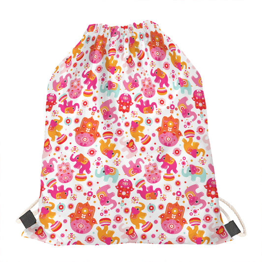 Girly Elephant And Hamsa Pattern Print Drawstring Bag