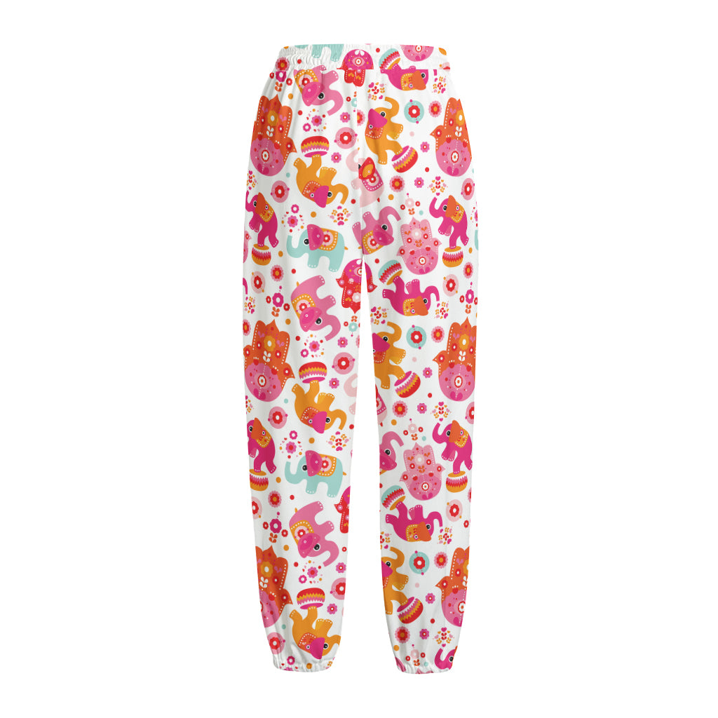 Girly Elephant And Hamsa Pattern Print Fleece Lined Knit Pants