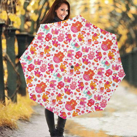 Girly Elephant And Hamsa Pattern Print Foldable Umbrella