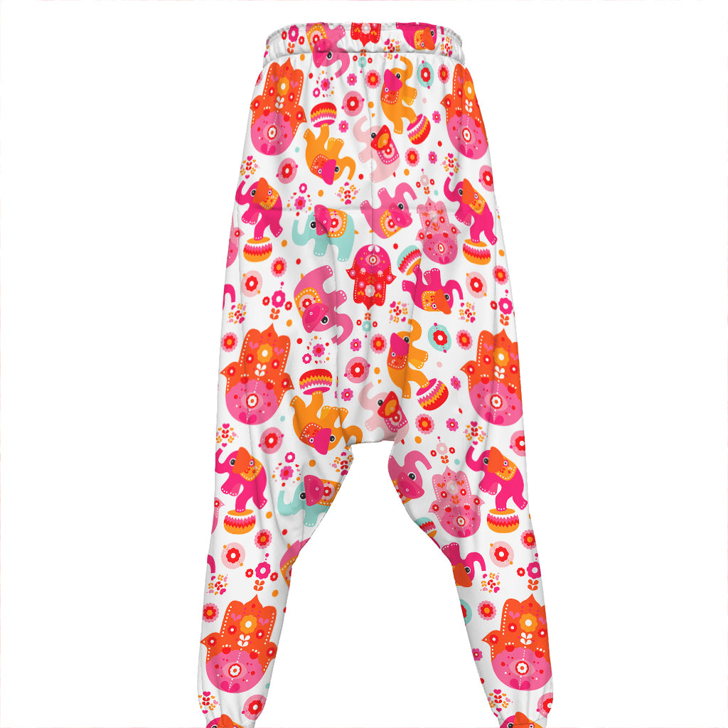 Girly Elephant And Hamsa Pattern Print Hammer Pants