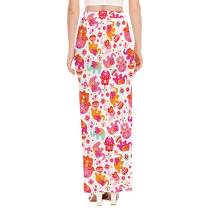 Girly Elephant And Hamsa Pattern Print High Slit Maxi Skirt