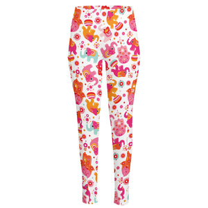 Girly Elephant And Hamsa Pattern Print High-Waisted Pocket Leggings