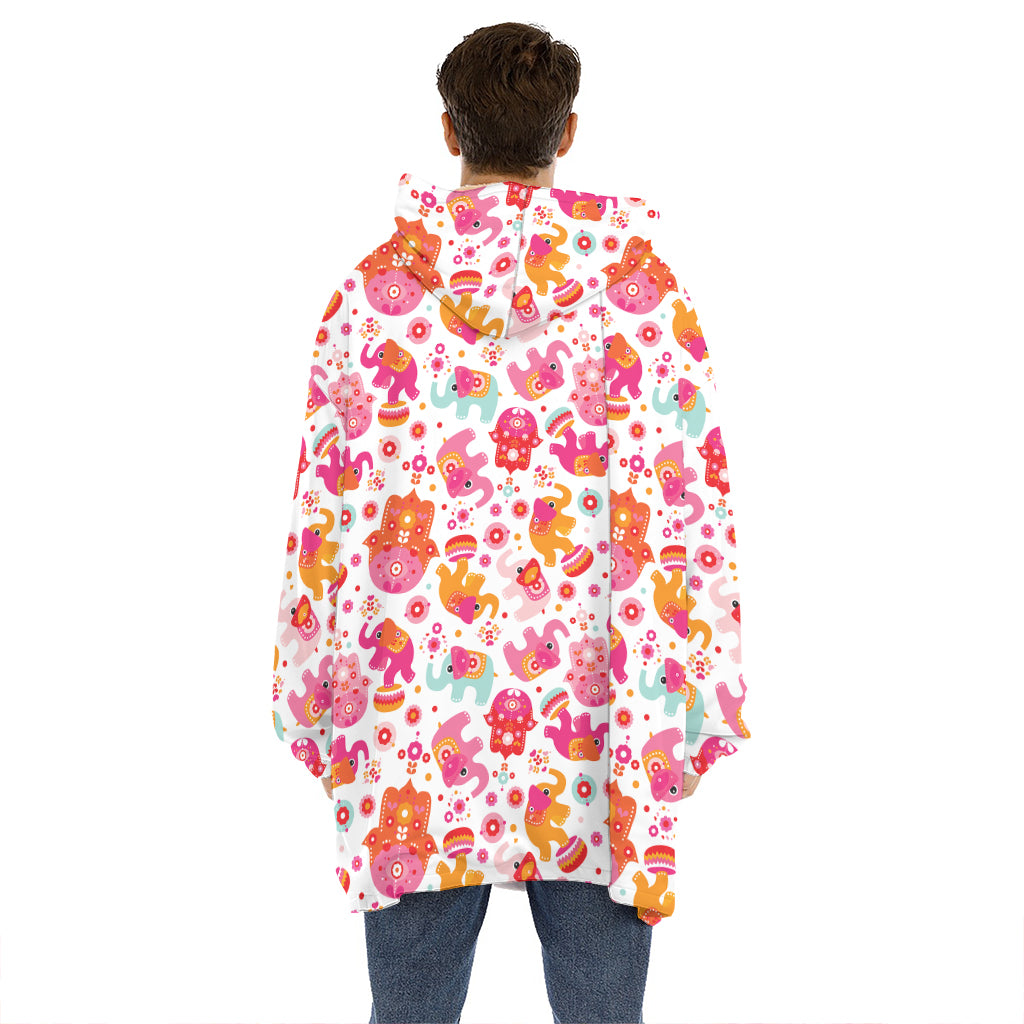 Girly Elephant And Hamsa Pattern Print Hoodie Blanket