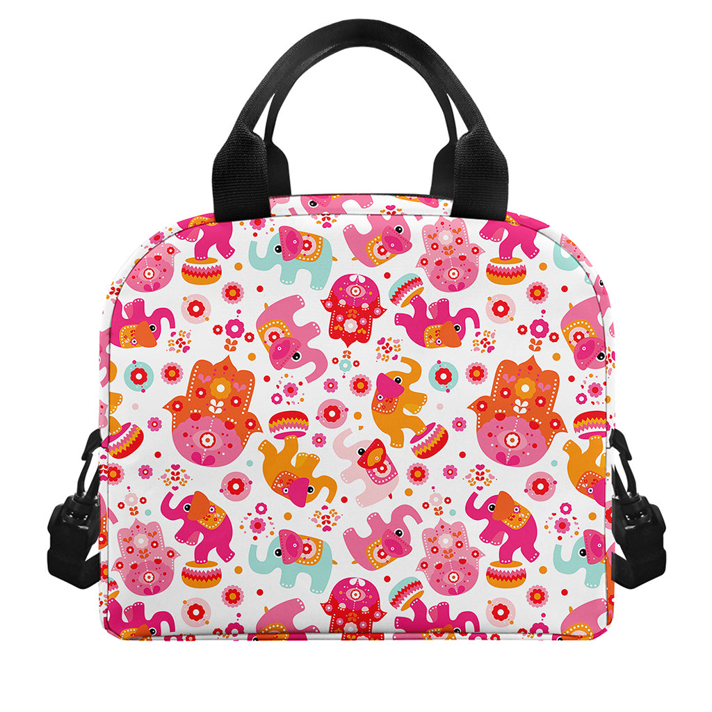 Girly Elephant And Hamsa Pattern Print Insulated Lunch Bag