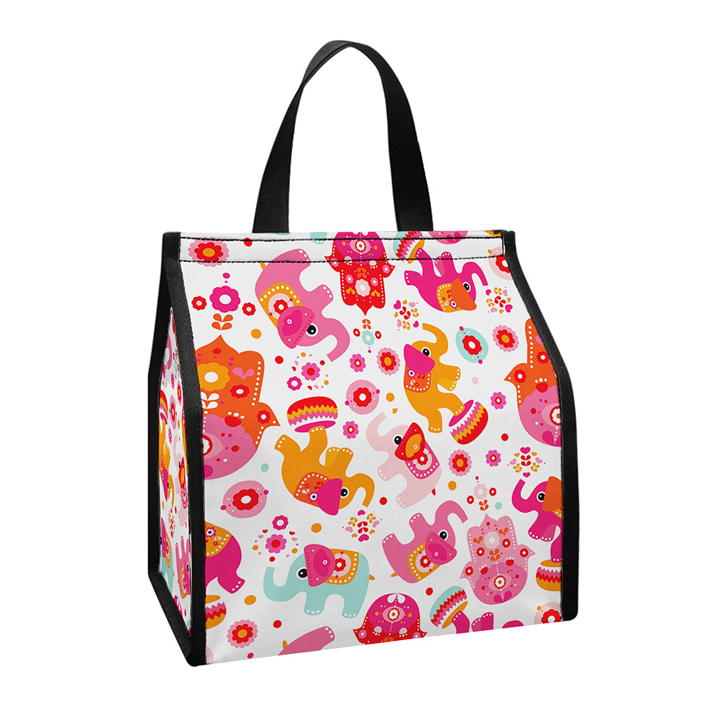 Girly Elephant And Hamsa Pattern Print Insulated Lunch Tote