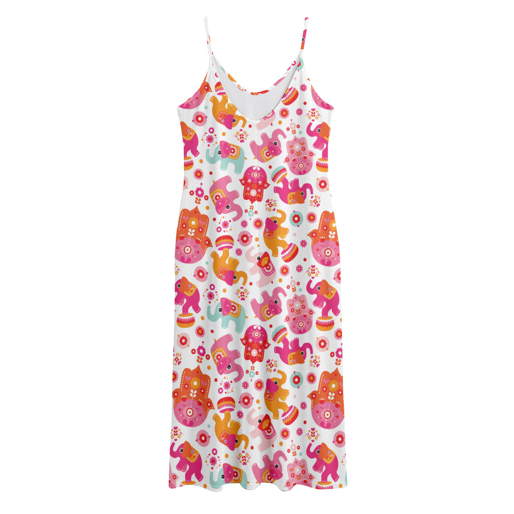 Girly Elephant And Hamsa Pattern Print Jersey Midi Cami Dress