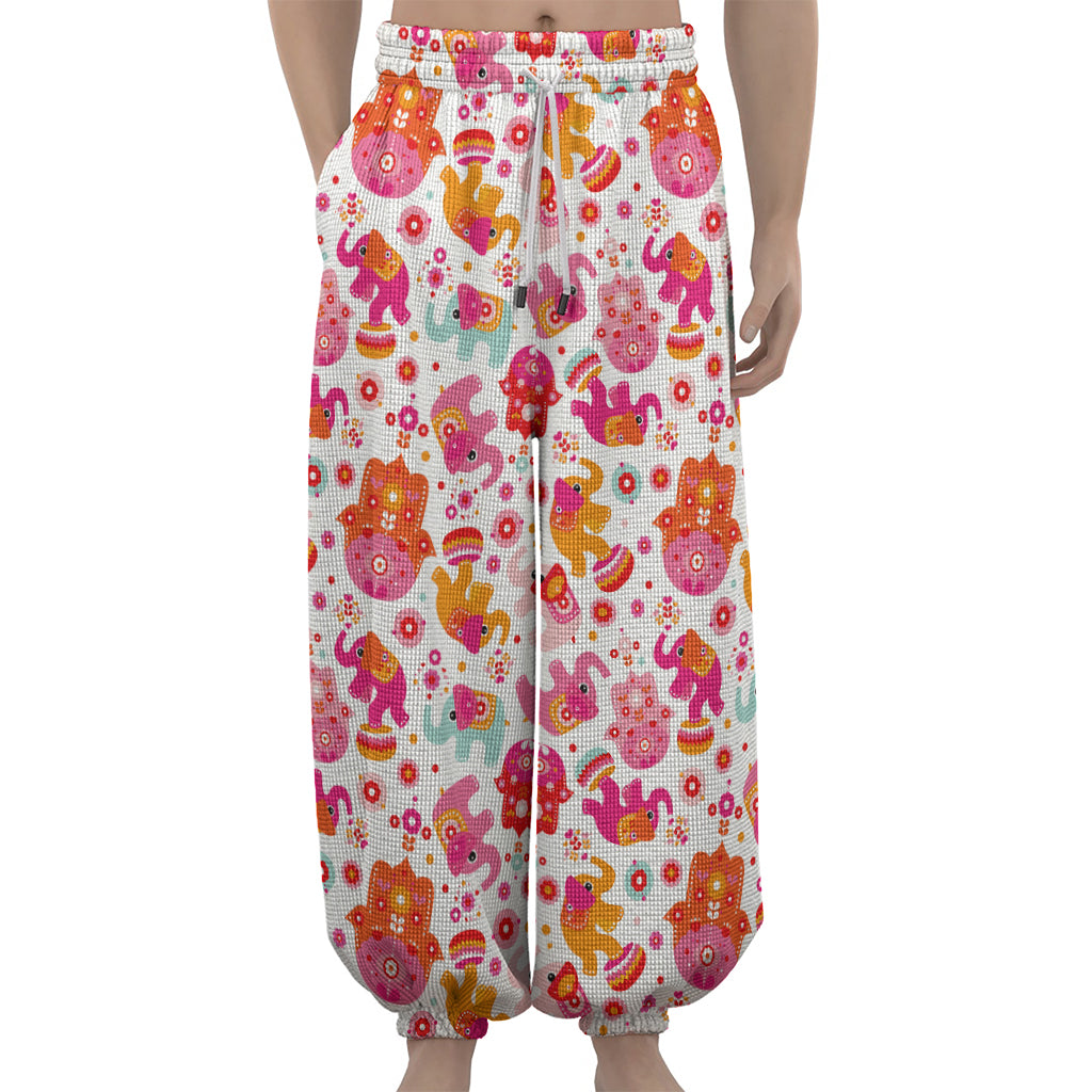 Girly Elephant And Hamsa Pattern Print Lantern Pants