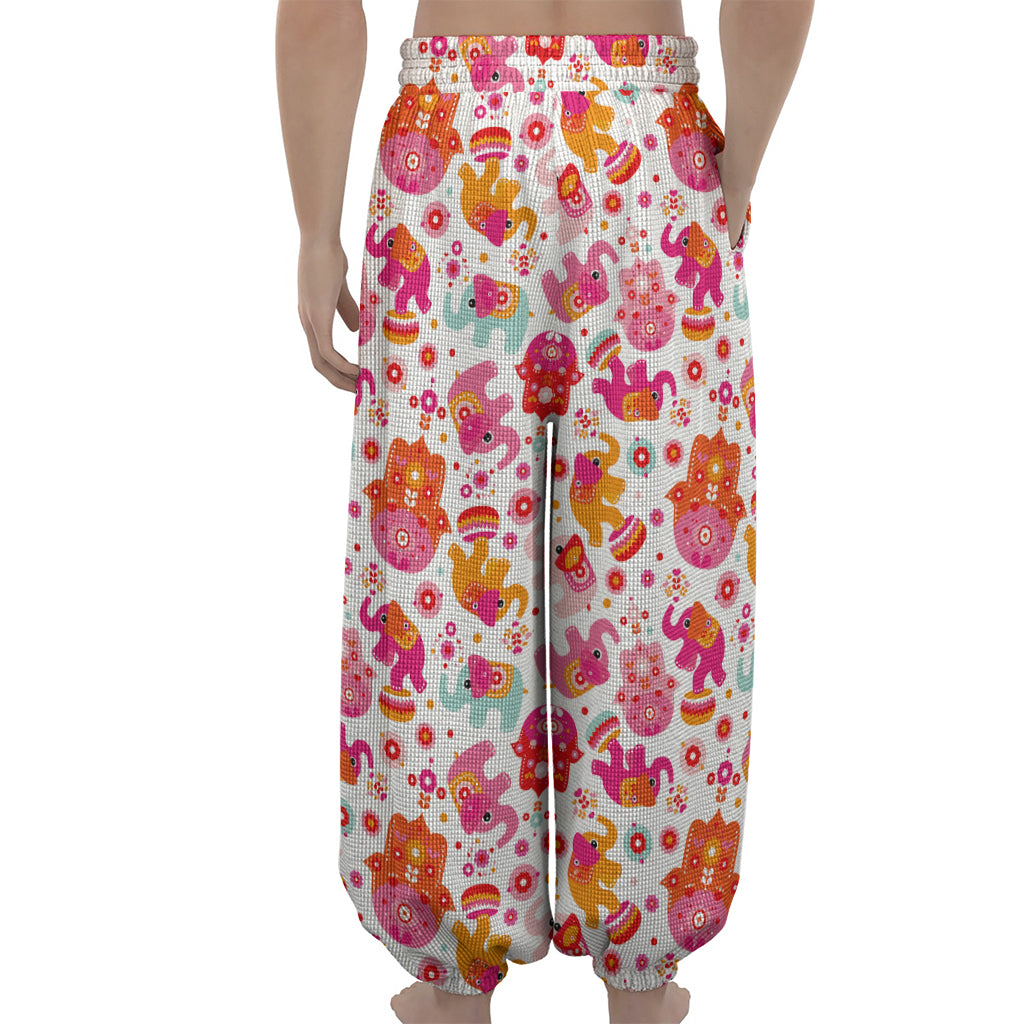 Girly Elephant And Hamsa Pattern Print Lantern Pants