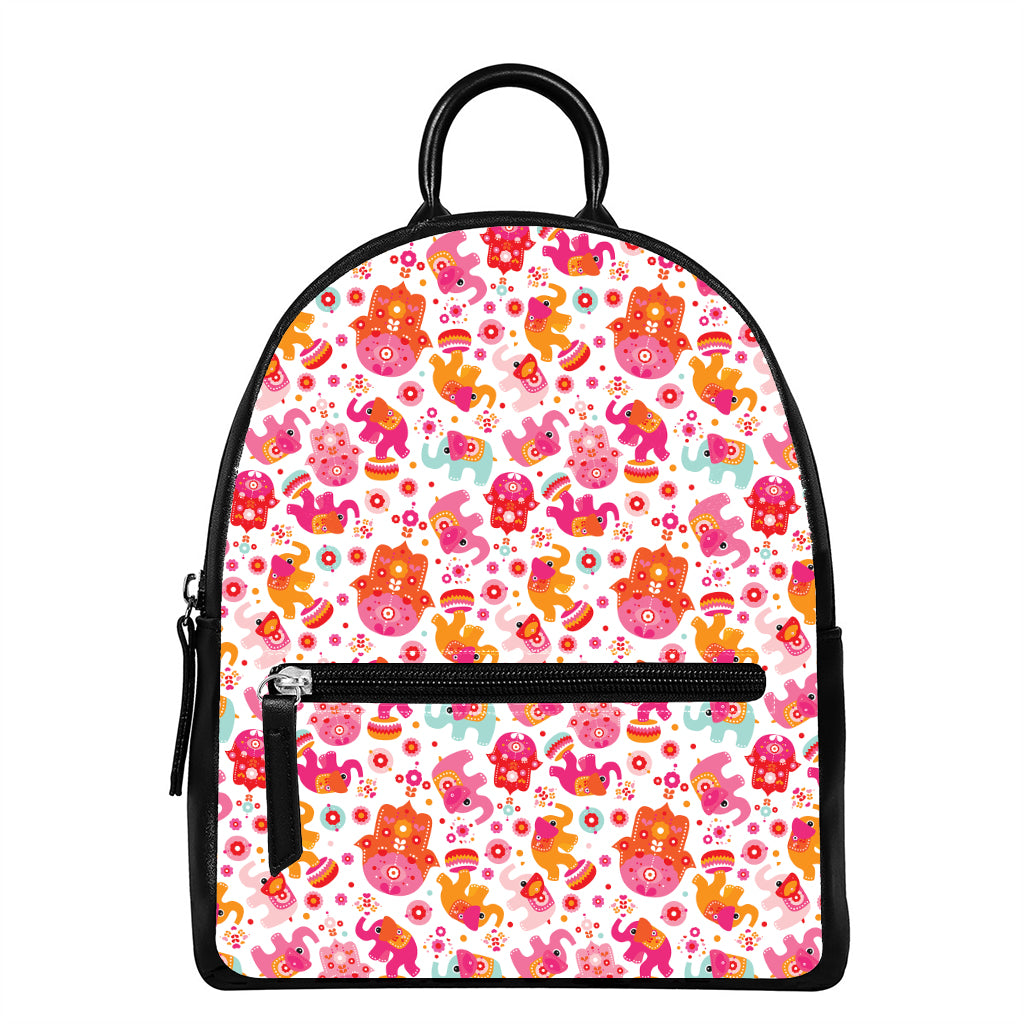 Girly Elephant And Hamsa Pattern Print Leather Backpack