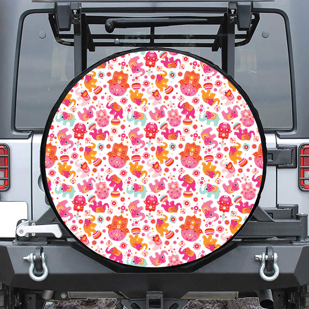 Girly Elephant And Hamsa Pattern Print Leather Spare Tire Cover