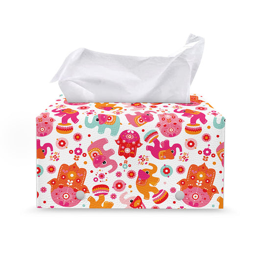 Girly Elephant And Hamsa Pattern Print Leather Tissue Box Cover