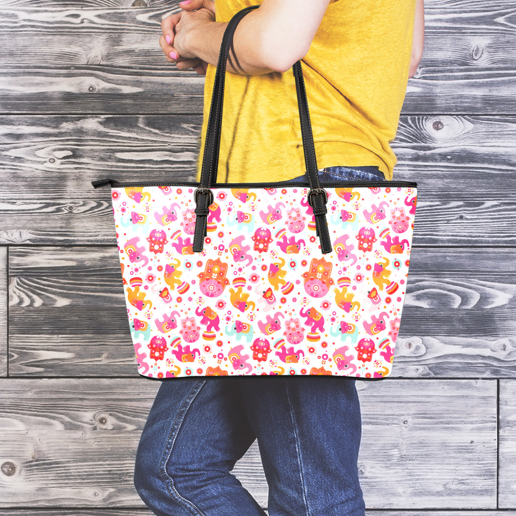 Girly Elephant And Hamsa Pattern Print Leather Tote Bag