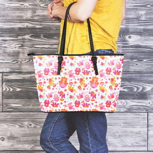 Girly Elephant And Hamsa Pattern Print Leather Tote Bag