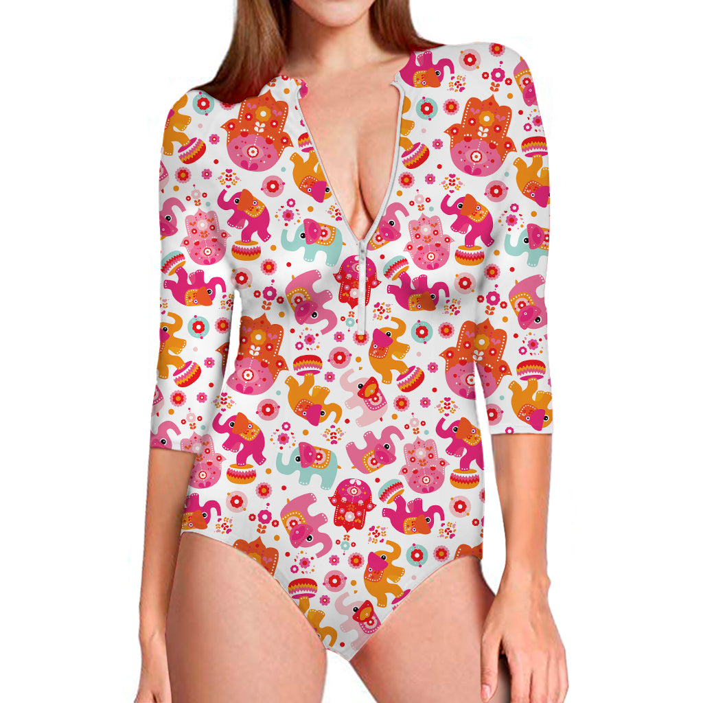 Girly Elephant And Hamsa Pattern Print Long Sleeve Swimsuit