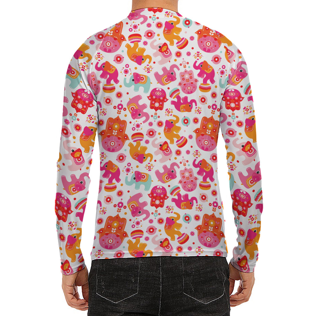 Girly Elephant And Hamsa Pattern Print Men's Long Sleeve Rash Guard