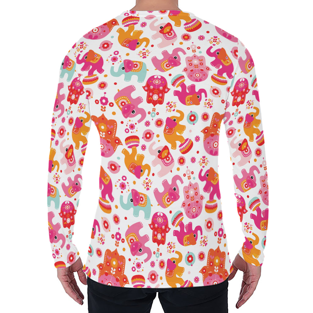 Girly Elephant And Hamsa Pattern Print Men's Long Sleeve T-Shirt