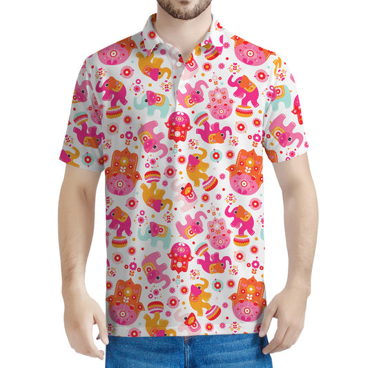 Girly Elephant And Hamsa Pattern Print Men's Polo Shirt