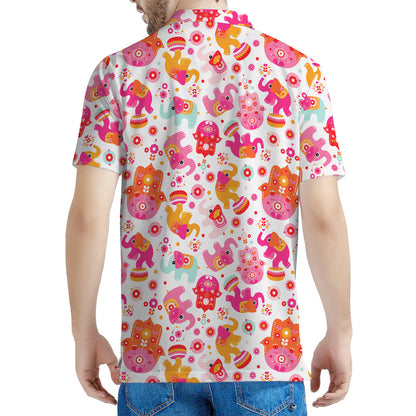 Girly Elephant And Hamsa Pattern Print Men's Polo Shirt