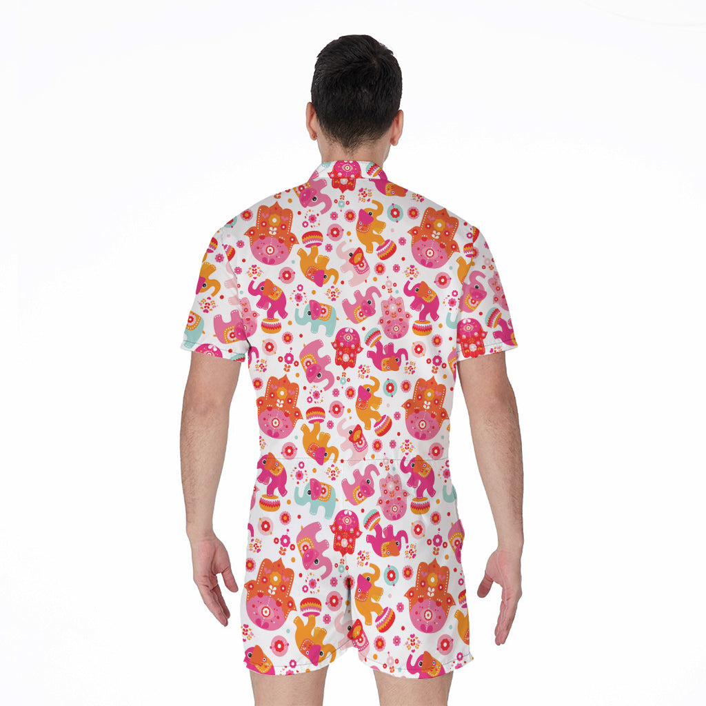 Girly Elephant And Hamsa Pattern Print Men's Rompers
