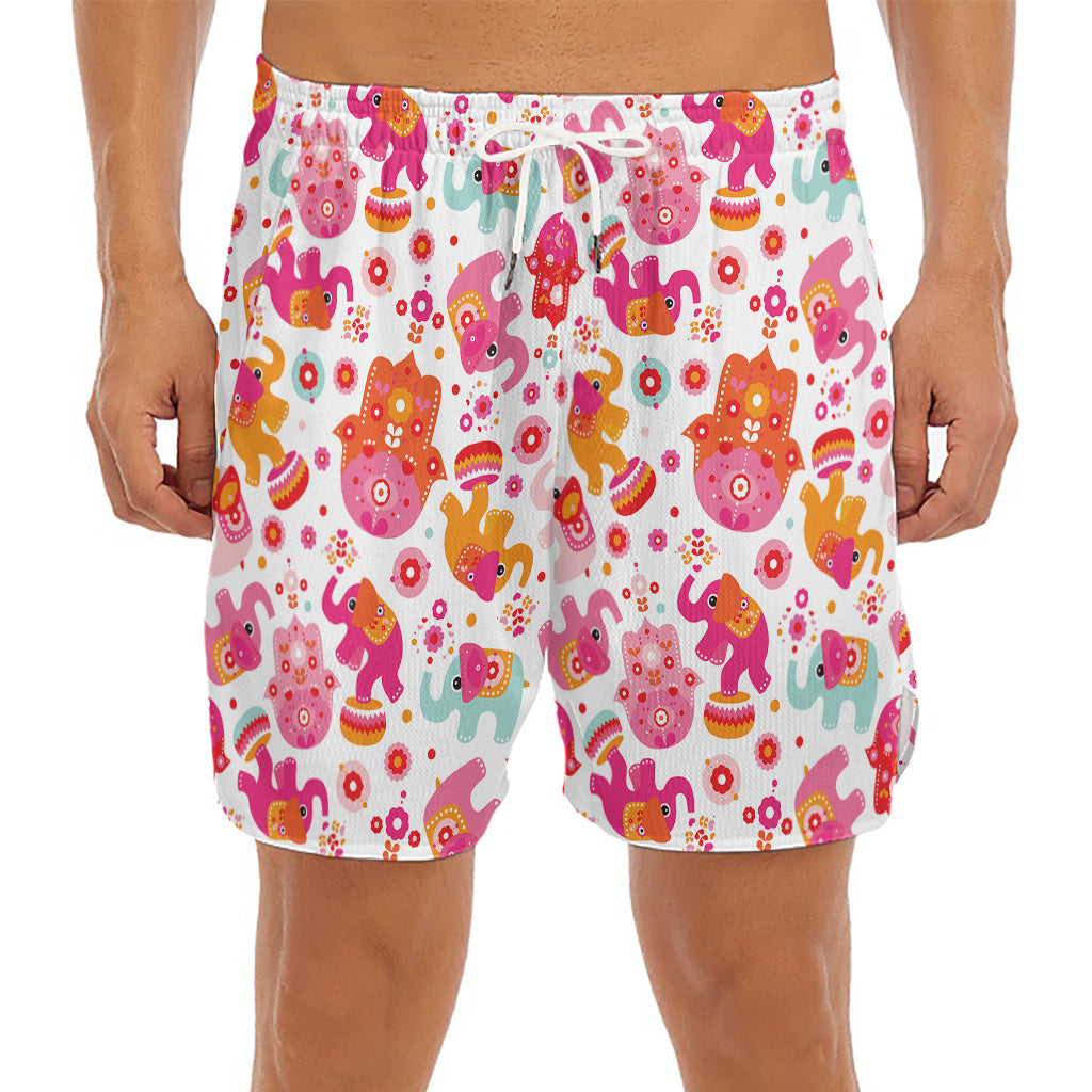 Girly Elephant And Hamsa Pattern Print Men's Split Running Shorts